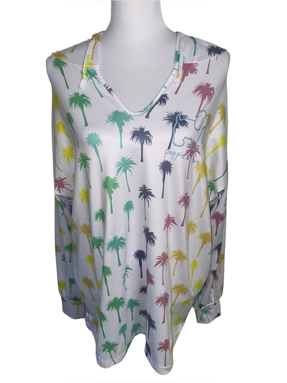 Puppie Love Hooded Pajama Top Palm Tree Print Lounge Shirt Medium Soft Cozy
